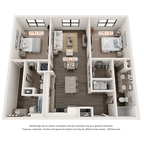 Floor plan for 2 beds, 2 baths, 1089 sqft